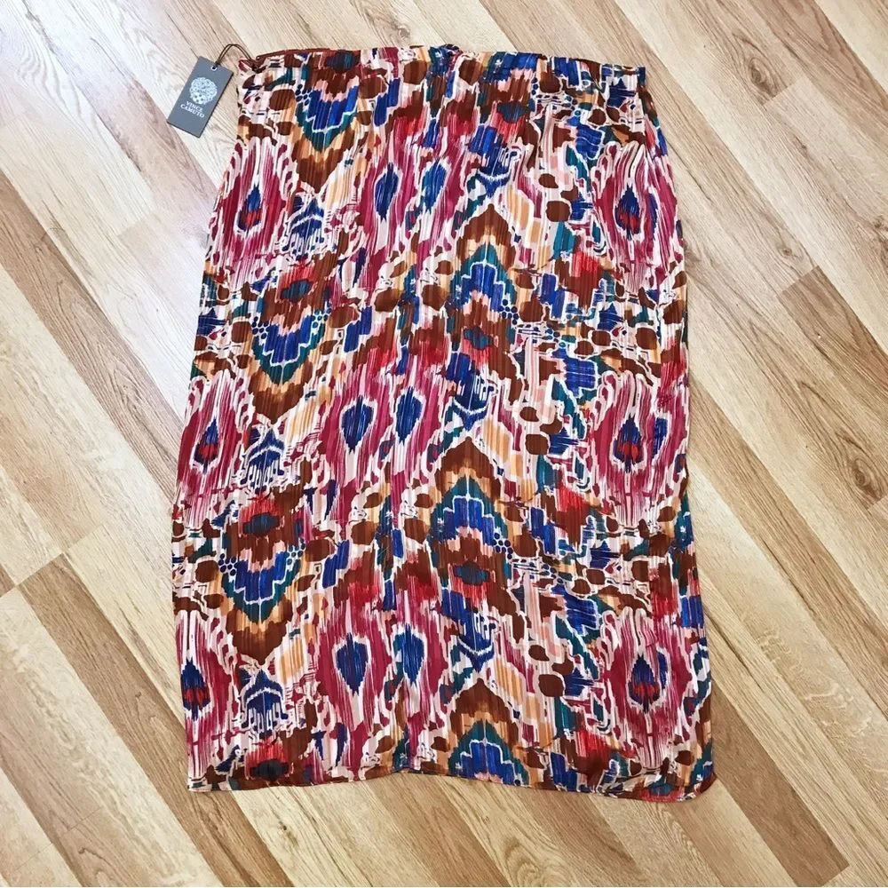 VINCE CAMUTO Tie Waist Midi Skirt Ikat Print Burgundy Orange Plus Size 1X 3X New